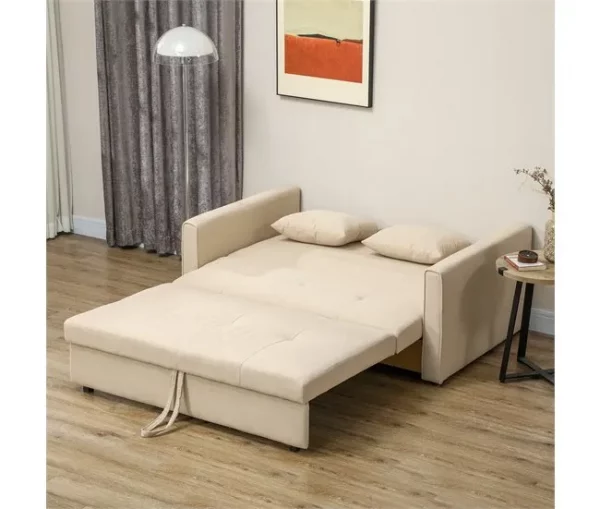 HOMCOM Sofá Cama de 2 Lugares Estofado em Algodão com 2 Almofadas Apoio para os Braços e Armazenamento Sofá Duplo Moderno para Sala de Estar Escritório 152x101x81 cm Bege