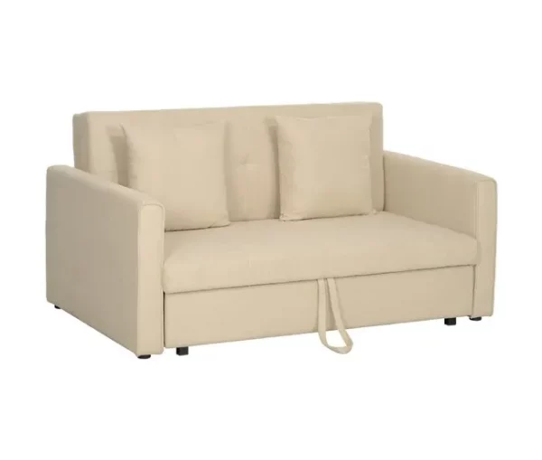 HOMCOM Sofá Cama de 2 Lugares Estofado em Algodão com 2 Almofadas Apoio para os Braços e Armazenamento Sofá Duplo Moderno para Sala de Estar Escritório 152x101x81 cm Bege