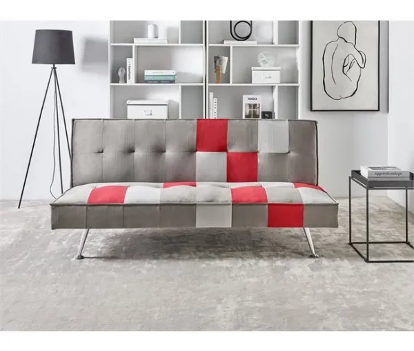 Sofá-cama de 3 lugares em veludo patchwork cinzento e vermelho OLSKER