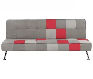 Sofá-cama de 3 lugares em veludo patchwork cinzento e vermelho OLSKER