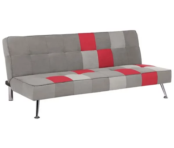 Sofá-cama de 3 lugares em veludo patchwork cinzento e vermelho OLSKER