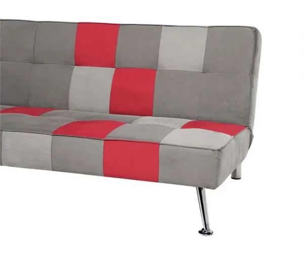 Sofá-cama de 3 lugares em veludo patchwork cinzento e vermelho OLSKER