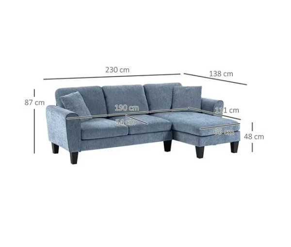 HOMCOM Sofá Chaise Longue Sofá de Canto Sofa Sala de Estar Reversível em Forma de L com 2 Almofadas Carga Máxima 200 kg 230x138x87 cm Cinza Azulado