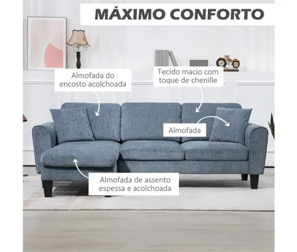 HOMCOM Sofá Chaise Longue Sofá de Canto Sofa Sala de Estar Reversível em Forma de L com 2 Almofadas Carga Máxima 200 kg 230x138x87 cm Cinza Azulado