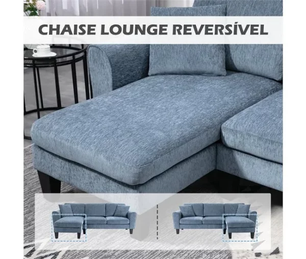 HOMCOM Sofá Chaise Longue Sofá de Canto Sofa Sala de Estar Reversível em Forma de L com 2 Almofadas Carga Máxima 200 kg 230x138x87 cm Cinza Azulado